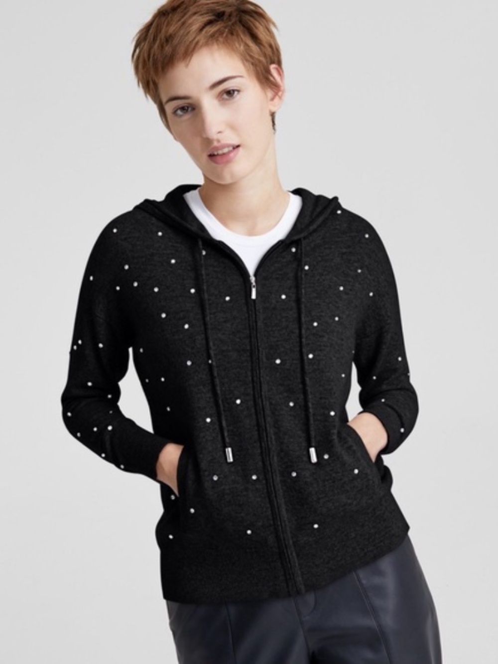 CHARTER CLUB 100% Cashmere Zip-front Hoodie in Black Embellished Jewels LARGE